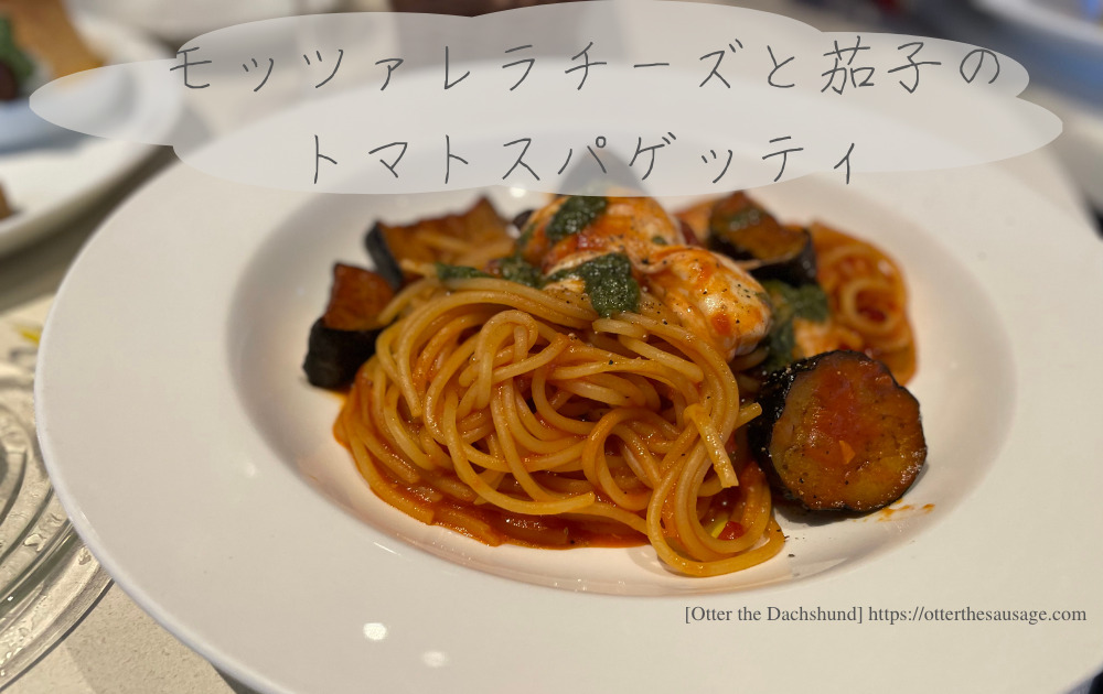 photo_ 犬と旅行_犬連れ旅行_【東京】キハチ 青山本店-ネットで予約できる！犬連れで優雅なアフタヌーンティー_オッターはダックスフンド_モッツァレラチーズと茄子のトマトスパゲッティ