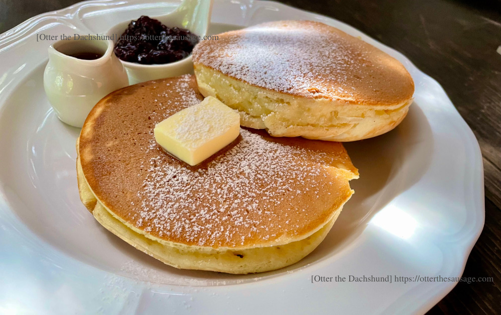 photo_ Otter the Dachshund_travel with dogs_hang out with dogs_犬旅ブログ_犬とお出かけブログ_南軽井沢_離山房_犬連れカフェ_ホットケーキ（ブルーベリージャム）