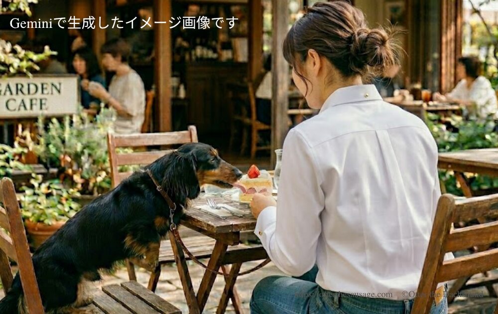 犬連れカフェでのマナー違反の例を示すAI生成画像。犬がテーブルに足を乗せてケーキを舐めようとしている